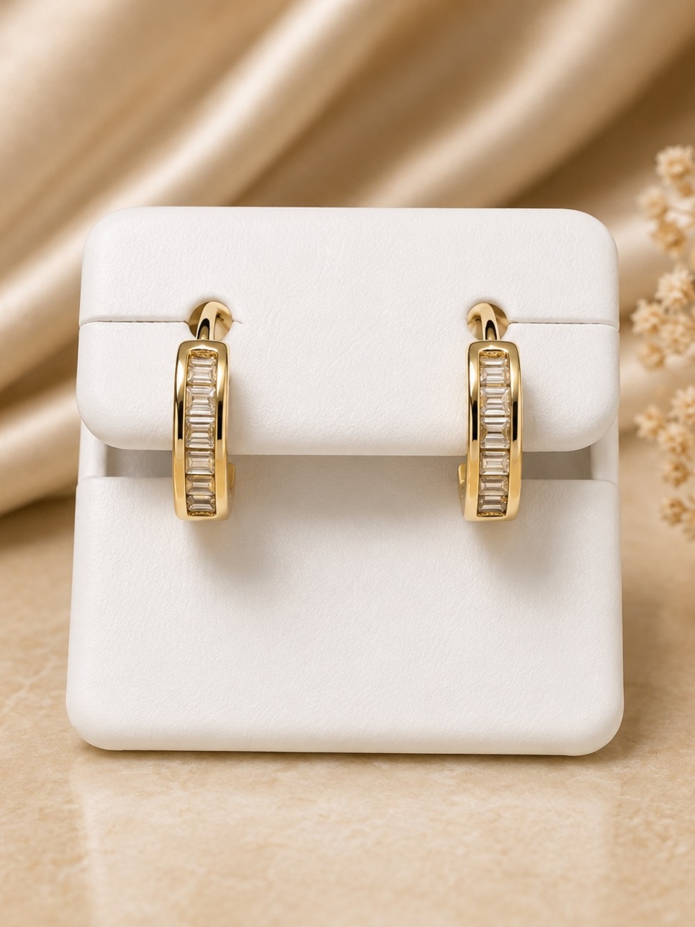 14K Gold Filled Huggie Hoop Earrings with AAAAA CZ Baguette Stones - Stamped